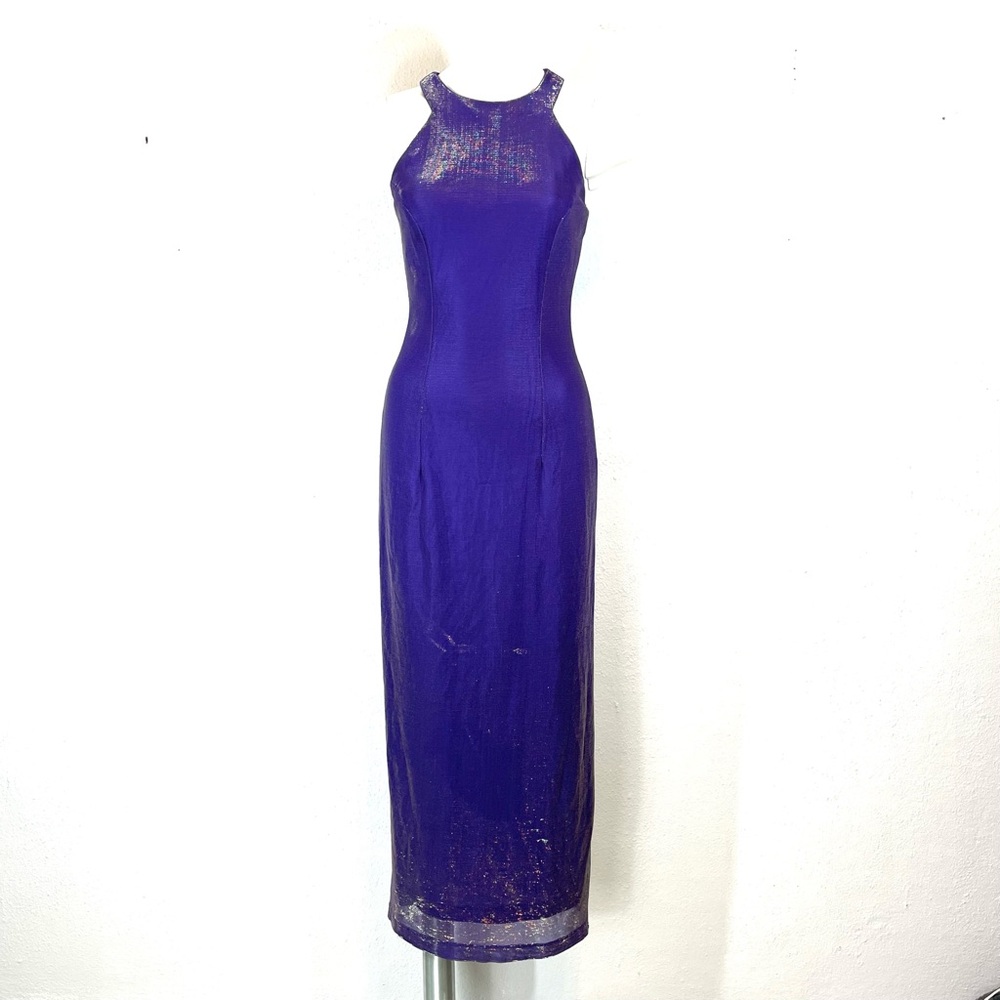 90s All That Jazz Iridescent Purple and Gold Shimmer High Neck Maxi Dress